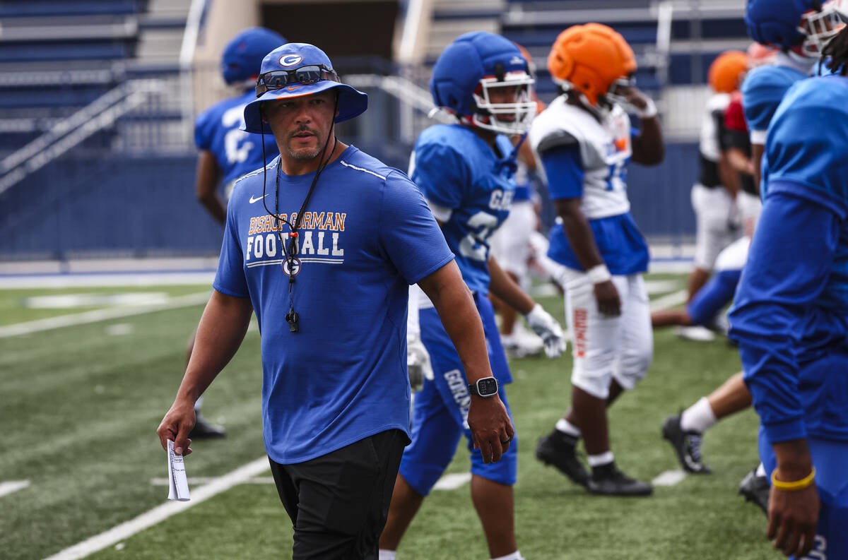 Bishop Gorman head coach Brent Browner leads football practice at Bishop Gorman High School on ...
