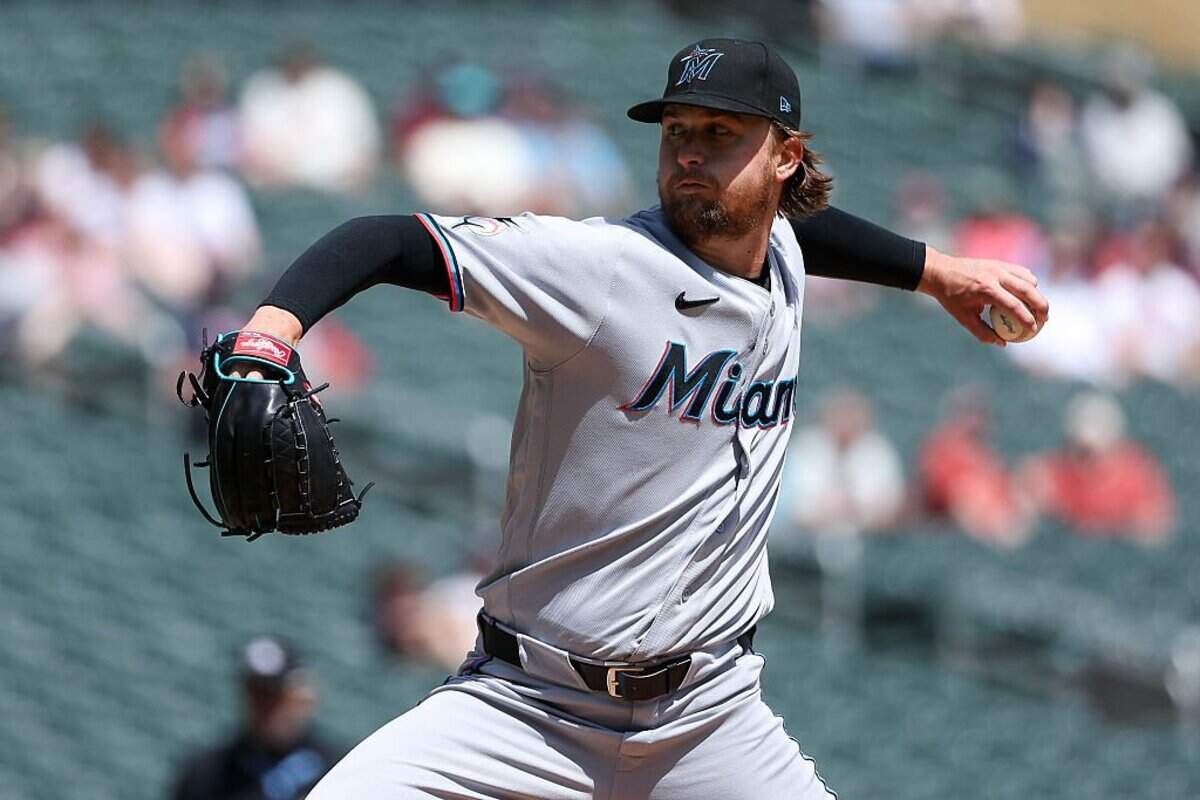 MINNEAPOLIS, MINNESOTA - MAY 14: Braxton Garrett #20 of the Miami Marlins delivers a pitch against the Minnesota Twins during the first inning at Target Field on May 14, 2026 in Minneapolis, Minnesota. (Photo by Matt Krohn/Getty Images)
