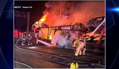 5 hospitalized after car carrier truck and motorcycle collide on Turnpike in Lauderhill, followed by onlooker crash, fires - WSVN 7News | Miami News, Weather, Sports