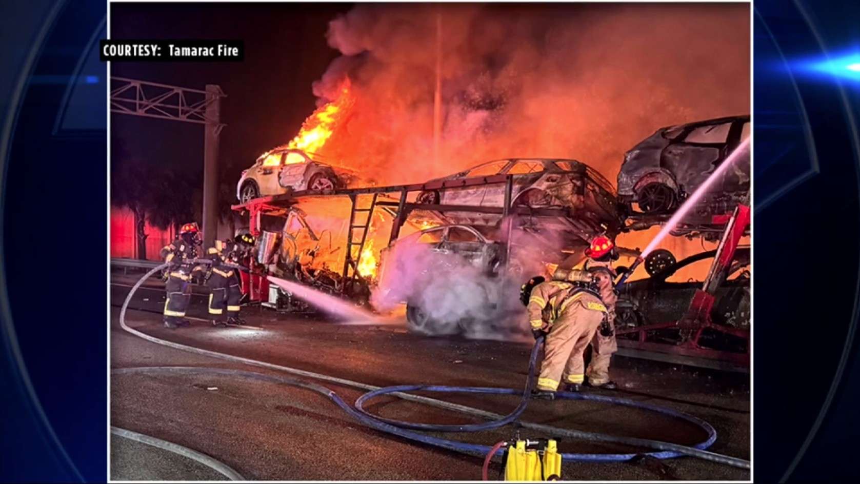 5 hospitalized after car carrier truck and motorcycle collide on Turnpike in Lauderhill, followed by onlooker crash, fires - WSVN 7News | Miami News, Weather, Sports