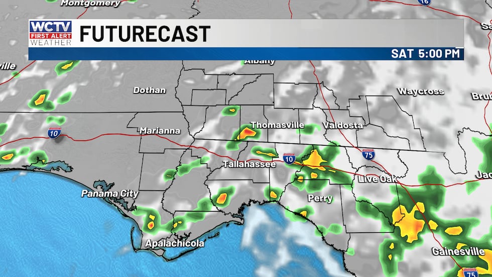 Scattered showers and storms on Saturday afternoon.
