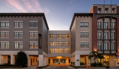 Exterior of the Epicurean Hotel along South Howard Avenue in Tampa at dusk.
