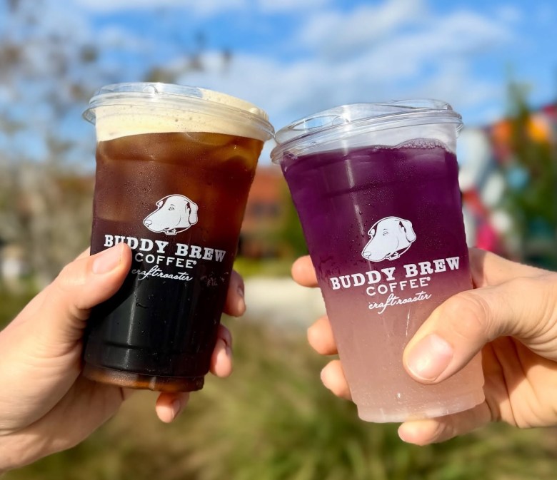 Two people holding iced Buddy Brew Coffee drinks outdoors, featuring cold brew with foam and a purple iced tea.