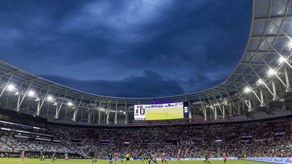 Inter Miami and León compete in the first half of their Leagues Cup 2026 soccer match as rain clouds form overhead Nu Stadium on Wednesday, Aug. 12, 2026, in Miami, Fla. It could rain Friday, Aug. 28, for the Dolphins’ game against Atlanta at Miami Gardens’ Hard Rock Stadium. Inter Miami and León compete in the first half of their Leagues Cup 2026 soccer match as rain clouds form overhead Nu Stadium on Wednesday, Aug. 12, 2026, in Miami, Fla. It could rain Friday, Aug. 28, for the Dolphins’ game against Atlanta at Miami Gardens’ Hard Rock Stadium.