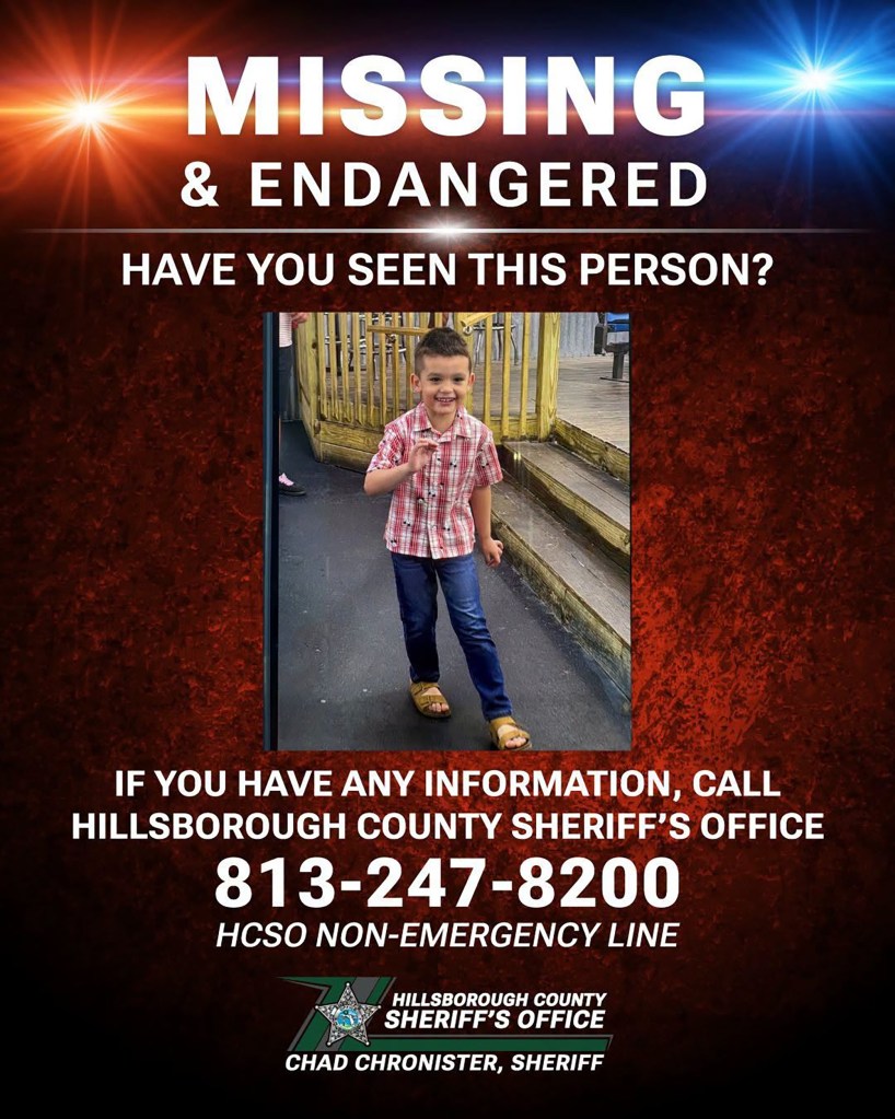 Missing & Endangered poster for a young boy wearing a plaid shirt and jeans.