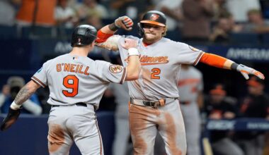 Baltimore Orioles' Gunnar Henderson (2) celebrates his two-run home run off Tampa Bay Rays pitcher Chris Roycroft with Tyler O'Neill (9) during the eighth inning of a baseball game Friday, Aug. 14, 2026, in St. Petersburg, Fla. (AP Photo/Chris O'Meara)