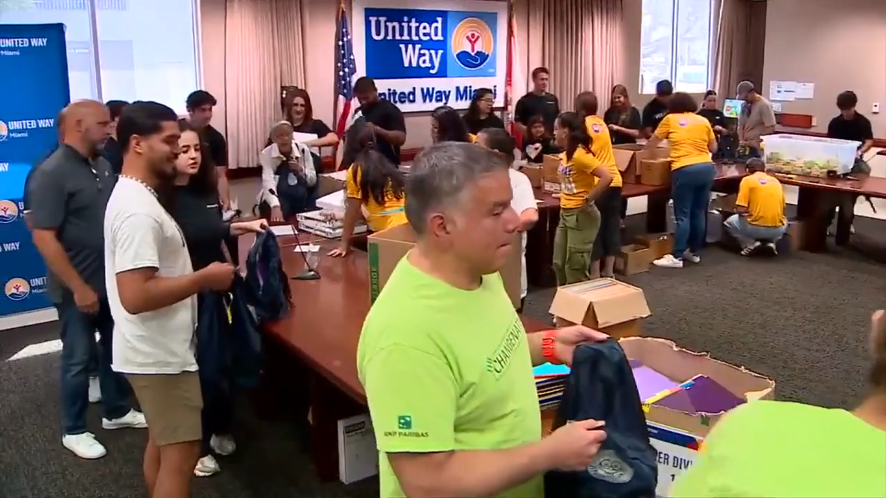 United Way Miami assemble backpacks for students and families needing back-to-school supplies - WSVN 7News | Miami News, Weather, Sports