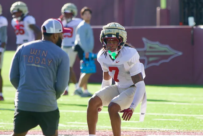 Defensive back Ashlynd Barker runs a drill as Florida State football held a spring practice on Friday, March 13, 2026 at the Seminoles practice facility.