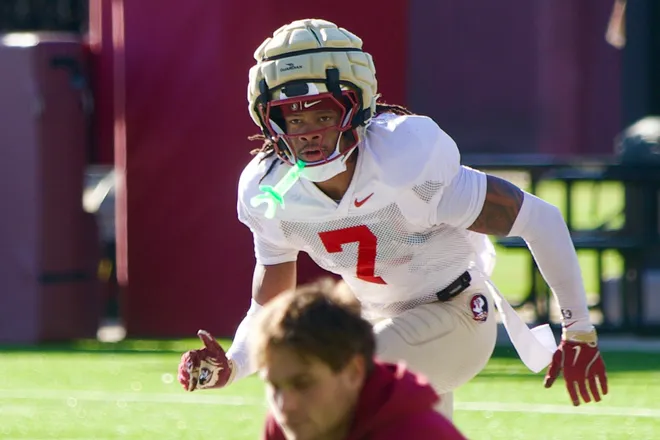 Defensive back Ashlynd Barker runs a drill as Florida State football held a spring practice on Friday, March 13, 2026 at the Seminoles practice facility.
