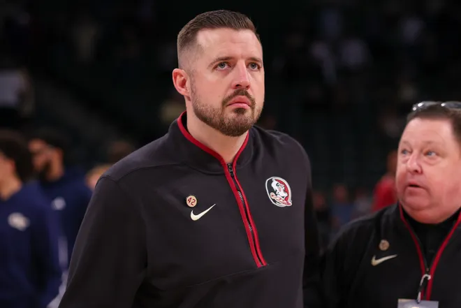 Feb 28, 2026; Atlanta, Georgia, USA; Florida State Seminoles head coach Luke Loucks walks off the court after a victory over the Georgia Tech Yellow Jackets at McCamish Pavilion. Mandatory Credit: Brett Davis-Imagn Images