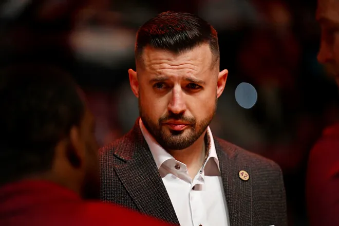 Jan 17, 2026; Tallahassee, Florida, USA; Florida State Seminoles head coach Luke Loucks before the game against the Wake Forest Demon Deacons at Donald L. Tucker Center. Mandatory Credit: Melina Myers-Imagn Images