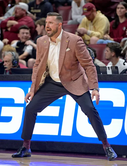Dec 2, 2025; Tallahassee, Florida, USA; Florida State Seminoles head coach Luke Loucks during the first half of the game against the Georgia Bulldogs at Donald L. Tucker Center. Mandatory Credit: Melina Myers-Imagn Images