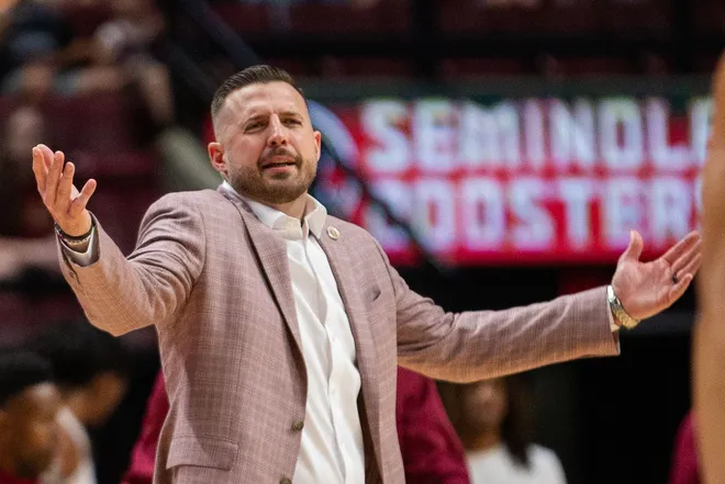 Florida State Seminoles head coach Luke Loucks argues with a referee about a call made. The Florida State Seminoles hosted the Southern Methodist University Mustangs at the Tucker Civic Center on Saturday, March 7, 2026.