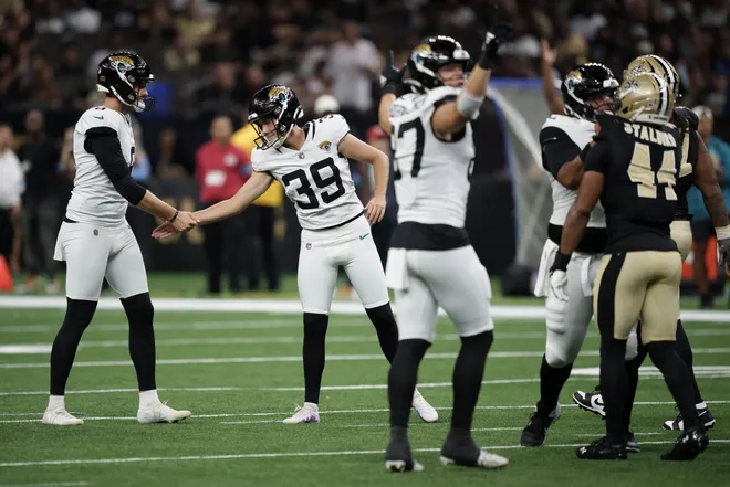 Aug 15, 2026; New Orleans, Louisiana, USA; Jacksonville Jaguars kicker Cam Little (39) celebrates a made field goal against the New Orleans Saints during the first quarter at Caesars Superdome. Mandatory Credit: Matthew Hinton-Imagn Images