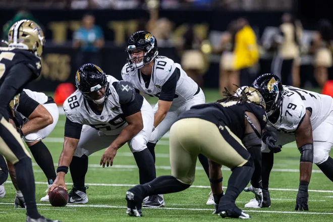 Aug 15, 2026; New Orleans, Louisiana, USA; Jacksonville Jaguars quarterback Carter Bradley (10) against New Orleans Saints during the second half at Caesars Superdome. Mandatory Credit: Stephen Lew-Imagn Images