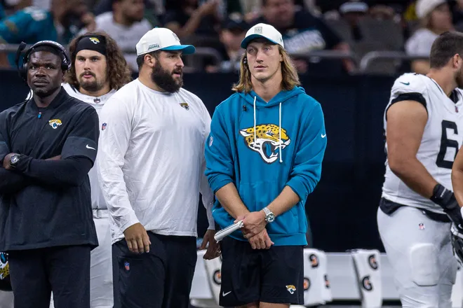Aug 15, 2026; New Orleans, Louisiana, USA; Jacksonville Jaguars quarterback Trevor Lawrence (16) looks on against New Orleans Saints during the second half at Caesars Superdome. Mandatory Credit: Stephen Lew-Imagn Images