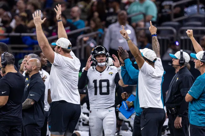 Aug 15, 2026; New Orleans, Louisiana, USA; Jacksonville Jaguars quarterback Carter Bradley (10) reacts to taking the lead against New Orleans Saints during the second half at Caesars Superdome. Mandatory Credit: Stephen Lew-Imagn Images