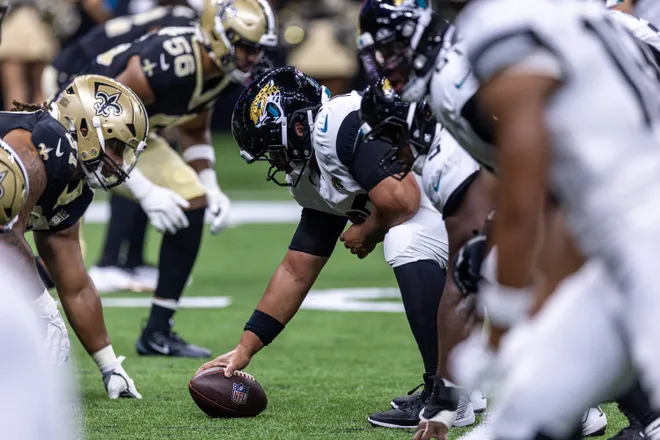 Aug 15, 2026; New Orleans, Louisiana, USA; Jacksonville Jaguars lines up against the New Orleans Saints during the first half at Caesars Superdome. Mandatory Credit: Stephen Lew-Imagn Images
