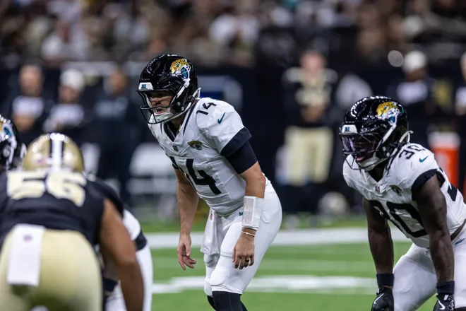 Aug 15, 2026; New Orleans, Louisiana, USA; Jacksonville Jaguars quarterback Nick Mullens (14) calls for the ball against New Orleans Saints during the first half at Caesars Superdome. Mandatory Credit: Stephen Lew-Imagn Images