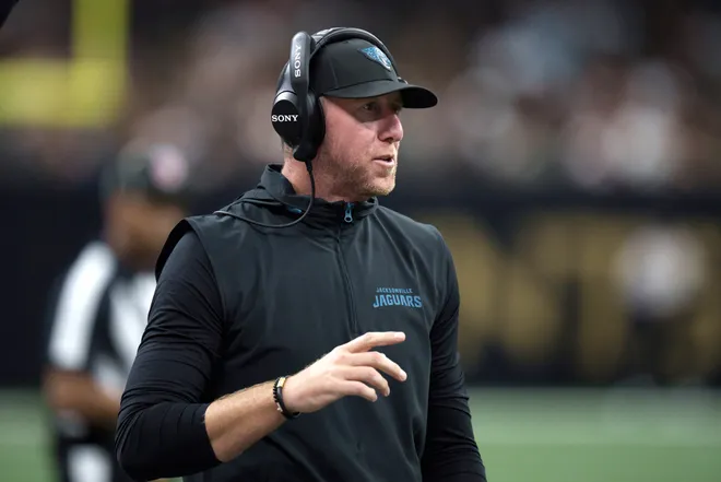Aug 15, 2026; New Orleans, Louisiana, USA; Jacksonville Jaguars head coach Liam Coen reacts during the fourth quarter against the New Orleans Saints at Caesars Superdome. Mandatory Credit: Matthew Hinton-Imagn Images