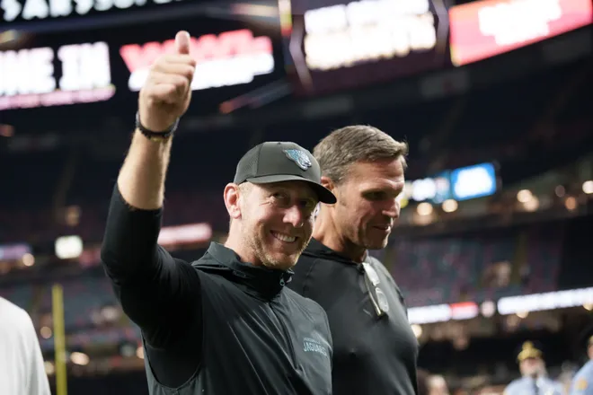 Aug 15, 2026; New Orleans, Louisiana, USA; Jacksonville Jaguars head coach Liam Coen after the game against the New Orleans Saints at Caesars Superdome. Mandatory Credit: Matthew Hinton-Imagn Images