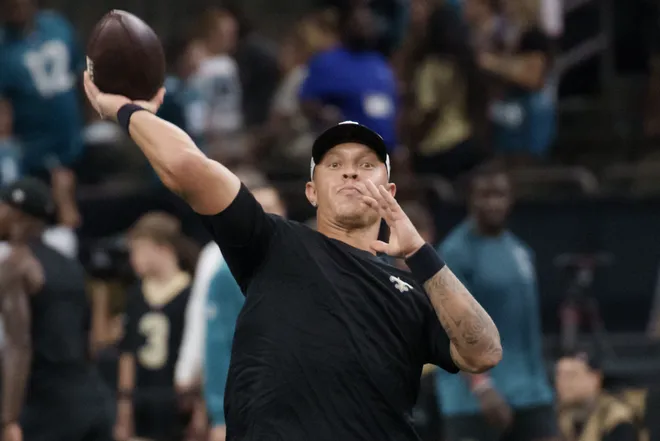 Aug 15, 2026; New Orleans, Louisiana, USA; New Orleans Saints quarterback Spencer Rattler (2) warms up before a game against the Jacksonville Jaguars at Caesars Superdome. Mandatory Credit: Matthew Hinton-Imagn Images