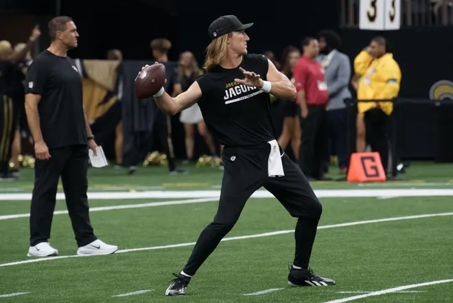 Aug 15, 2026; New Orleans, Louisiana, USA; Jacksonville Jaguars quarterback Trevor Lawrence (16) warms up against the New Orleans Saints at Caesars Superdome. Mandatory Credit: Matthew Hinton-Imagn Images