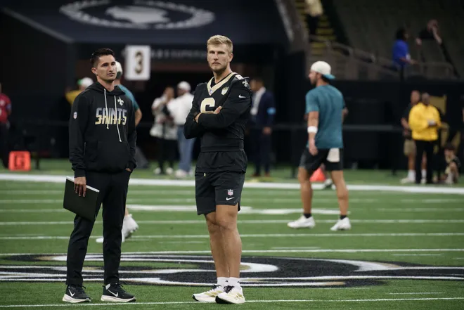 Aug 15, 2026; New Orleans, Louisiana, USA; New Orleans Saints quarterback Tyler Shough (6) walks on the field before a game against the Jacksonville Jaguars at Caesars Superdome. Mandatory Credit: Matthew Hinton-Imagn Images