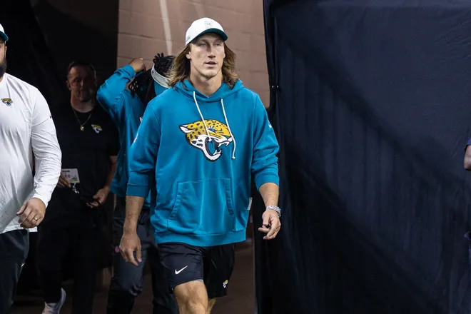 Aug 15, 2026; New Orleans, Louisiana, USA; Jacksonville Jaguars quarterback Trevor Lawrence (16) walks out the tunnel against the New Orleans Saints at Caesars Superdome. Mandatory Credit: Stephen Lew-Imagn Images