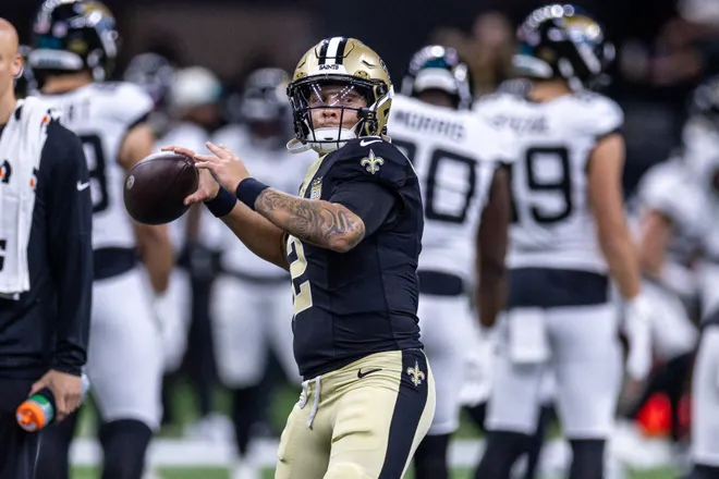 Aug 15, 2026; New Orleans, Louisiana, USA; New Orleans Saints quarterback Spencer Rattler (2) passes against Jacksonville Jaguars at Caesars Superdome. Mandatory Credit: Stephen Lew-Imagn Images