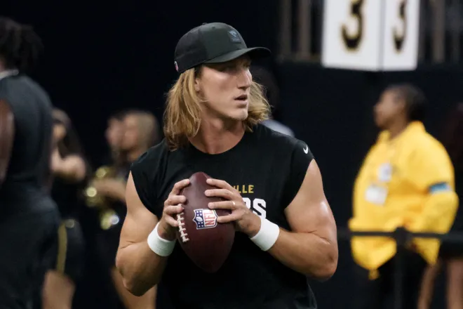 Aug 15, 2026; New Orleans, Louisiana, USA; Jacksonville Jaguars quarterback Trevor Lawrence (16) warms up against the New Orleans Saints at Caesars Superdome. Mandatory Credit: Matthew Hinton-Imagn Images