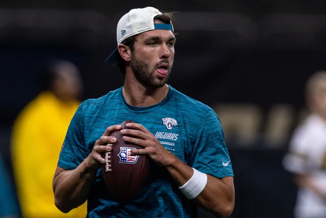 Aug 15, 2026; New Orleans, Louisiana, USA; Jacksonville Jaguars quarterback Carter Bradley (10) against the New Orleans Saints at Caesars Superdome. Mandatory Credit: Stephen Lew-Imagn Images