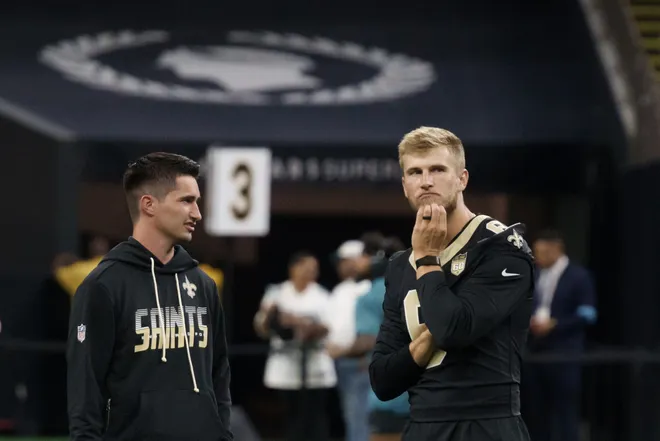 Aug 15, 2026; New Orleans, Louisiana, USA; New Orleans Saints quarterback Tyler Shough (6) walks on the field before a game against the Jacksonville Jaguars at Caesars Superdome. Mandatory Credit: Matthew Hinton-Imagn Images
