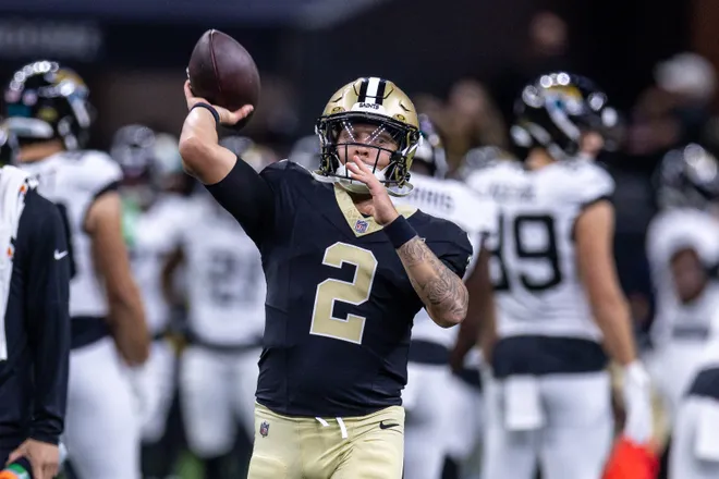 Aug 15, 2026; New Orleans, Louisiana, USA; New Orleans Saints quarterback Spencer Rattler (2) passes against Jacksonville Jaguars at Caesars Superdome. Mandatory Credit: Stephen Lew-Imagn Images