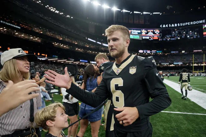 Aug 15, 2026; New Orleans, Louisiana, USA; New Orleans Saints quarterback Tyler Shough (6) greets fans before a game against the Jacksonville Jaguars at Caesars Superdome. Mandatory Credit: Matthew Hinton-Imagn Images