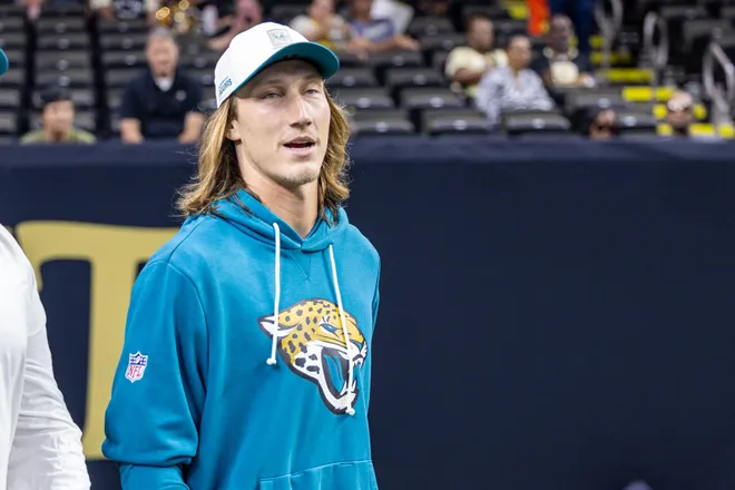 Aug 15, 2026; New Orleans, Louisiana, USA; Jacksonville Jaguars quarterback Trevor Lawrence (16) walks out the tunnel against the New Orleans Saints at Caesars Superdome. Mandatory Credit: Stephen Lew-Imagn Images