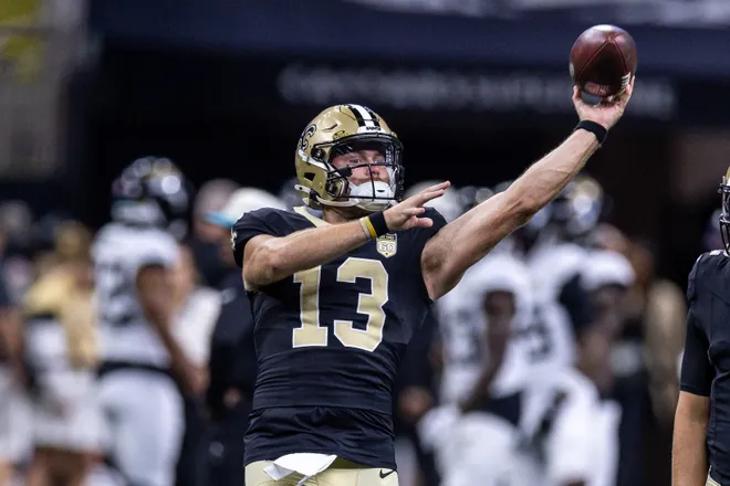 Aug 15, 2026; New Orleans, Louisiana, USA; New Orleans Saints quarterback Hunter Dekkers (13) passes against Jacksonville Jaguars at Caesars Superdome. Mandatory Credit: Stephen Lew-Imagn Images