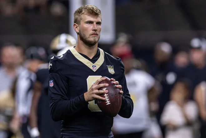 Aug 15, 2026; New Orleans, Louisiana, USA; New Orleans Saints quarterback Tyler Shough (6) looks on against the Jacksonville Jaguars at Caesars Superdome. Mandatory Credit: Stephen Lew-Imagn Images