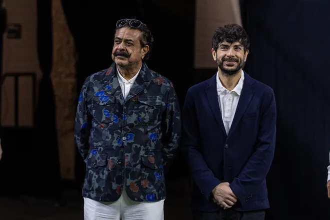 Aug 15, 2026; New Orleans, Louisiana, USA; Jacksonville Jaguars owner Shahid Rafiq Khan and his son, chief football strategy officer Tony Khan look on at Caesars Superdome. Mandatory Credit: Stephen Lew-Imagn Images