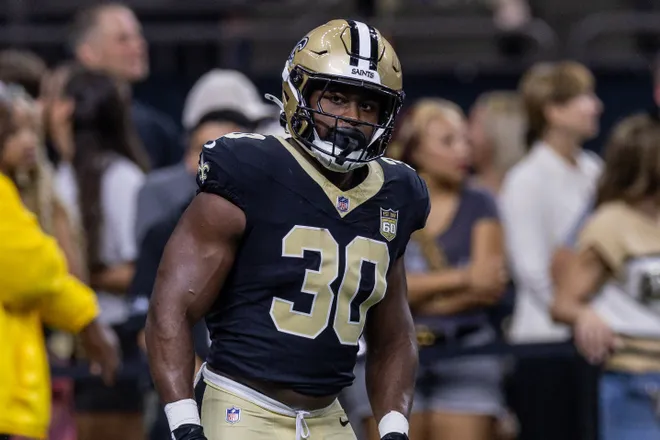Aug 15, 2026; New Orleans, Louisiana, USA; New Orleans Saints running back Audric Estime (30) looks one against the Jacksonville Jaguars at Caesars Superdome. Mandatory Credit: Stephen Lew-Imagn Images