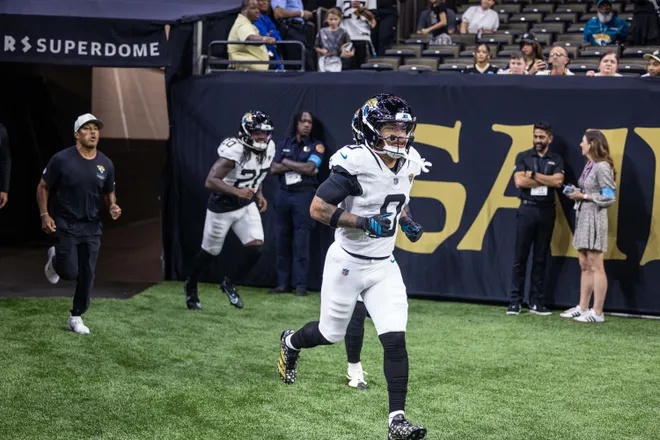 Aug 15, 2026; New Orleans, Louisiana, USA; Jacksonville Jaguars wide receiver Michael Wortham (0) runs out the tunnel against the New Orleans Saints at Caesars Superdome. Mandatory Credit: Stephen Lew-Imagn Images