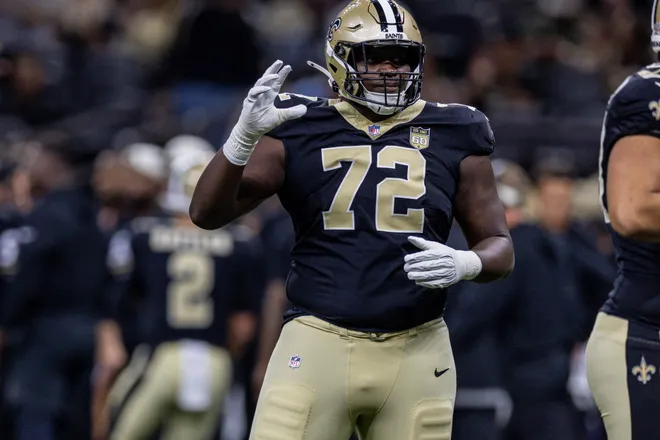 Aug 15, 2026; New Orleans, Louisiana, USA; New Orleans Saints offensive tackle Asim Richards (72) looks on against the Jacksonville Jaguars during the first half at Caesars Superdome. Mandatory Credit: Stephen Lew-Imagn Images