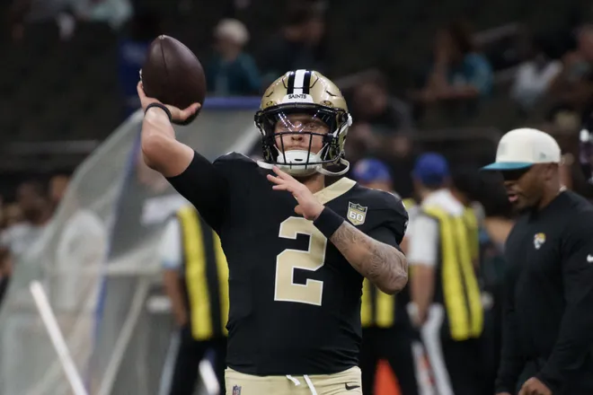 Aug 15, 2026; New Orleans, Louisiana, USA; New Orleans Saints quarterback Spencer Rattler (2) warms up before a game against the Jacksonville Jaguars at Caesars Superdome. Mandatory Credit: Matthew Hinton-Imagn Images
