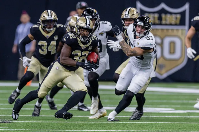 Aug 15, 2026; New Orleans, Louisiana, USA; New Orleans Saints running back Ty Chandler (32) runs the opening kickoff against the Jacksonville Jaguars during the first half at Caesars Superdome. Mandatory Credit: Stephen Lew-Imagn Images