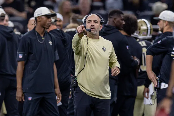 Aug 15, 2026; New Orleans, Louisiana, USA; New Orleans Saints special teams coordinator Phil Galiano counts players for an extra point against Jacksonville Jaguars during the first half at Caesars Superdome. Mandatory Credit: Stephen Lew-Imagn Images