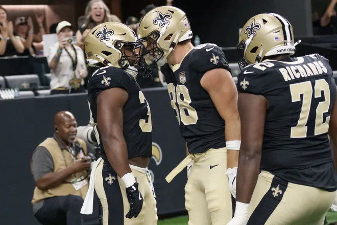 Aug 15, 2026; New Orleans, Louisiana, USA; New Orleans Saints running back Audric Estime (30) celebrates a touchdown with tight end Oscar Delp (88) against the Jacksonville Jaguars during the first quarter at Caesars Superdome. Mandatory Credit: Matthew Hinton-Imagn Images