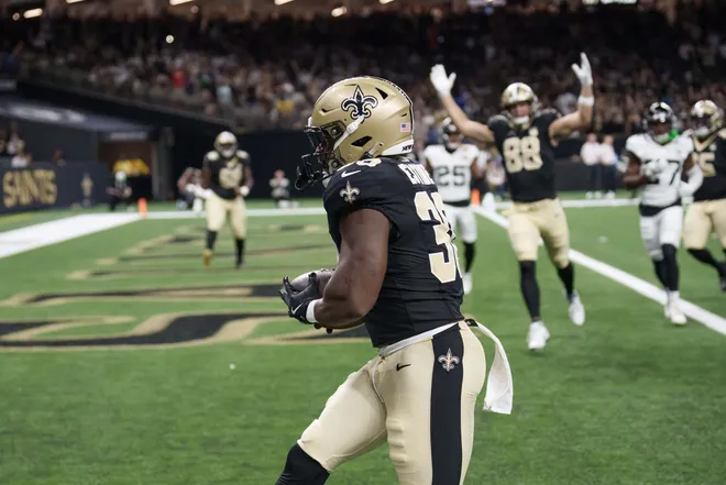 Aug 15, 2026; New Orleans, Louisiana, USA; New Orleans Saints running back Audric Estimé (30) scores a touchdown against the Jacksonville Jaguars during the first quarter at Caesars Superdome. Mandatory Credit: Matthew Hinton-Imagn Images