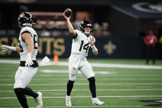 Aug 15, 2026; New Orleans, Louisiana, USA; Jacksonville Jaguars quarterback Nick Mullens (14) throws against the New Orleans Saints during the first quarter at Caesars Superdome. Mandatory Credit: Matthew Hinton-Imagn Images