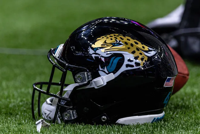 Aug 15, 2026; New Orleans, Louisiana, USA; Detailed view of the Jacksonville Jaguars helmet against New Orleans Saints during the first half at Caesars Superdome. Mandatory Credit: Stephen Lew-Imagn Images