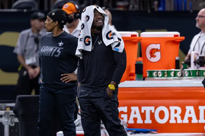 Aug 15, 2026; New Orleans, Louisiana, USA; New Orleans Saints running back Alvin Kamara (41) looks on against Jacksonville Jaguars during the first half at Caesars Superdome. Mandatory Credit: Stephen Lew-Imagn Images